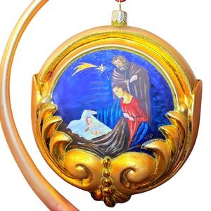 Bombkarnia Glass Holy Family Nativity‎ Scene Medallion Ornament and Glass Stand
